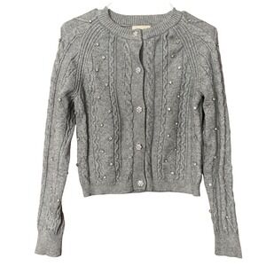 Cable Knit Womens Grey Rhinestone Button Cardigan Sweater XS Glam Retro Coquette